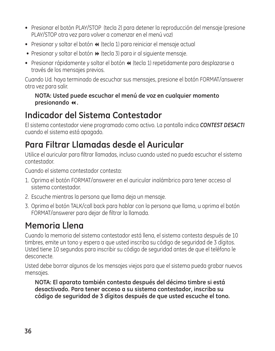 Indicador del sistema contestador, Para filtrar llamadas desde el auricular | GE 27881 User Manual | Page 84 / 96