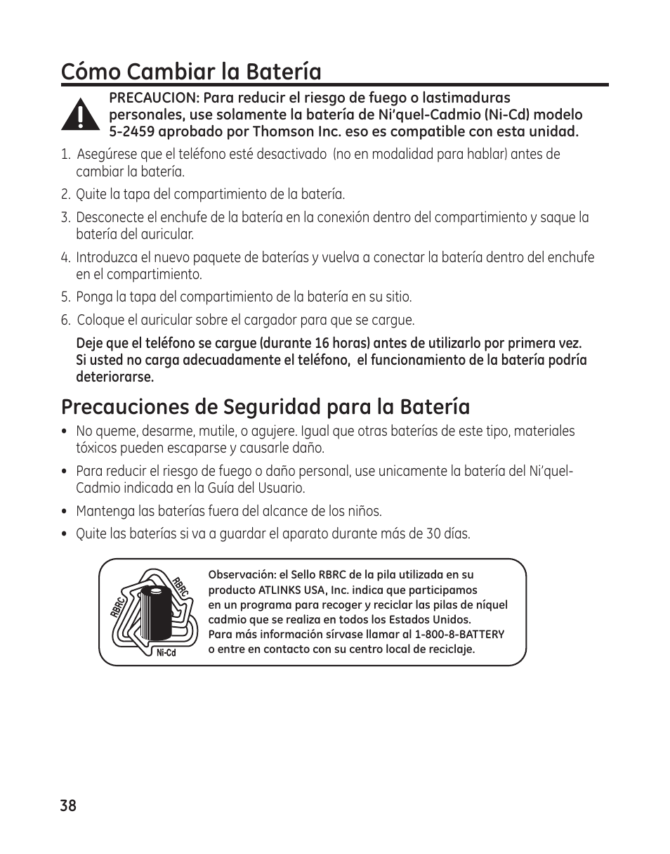 Cómo cambiar la batería, Precauciones de seguridad para la batería | GE 27881 User Manual | Page 86 / 96