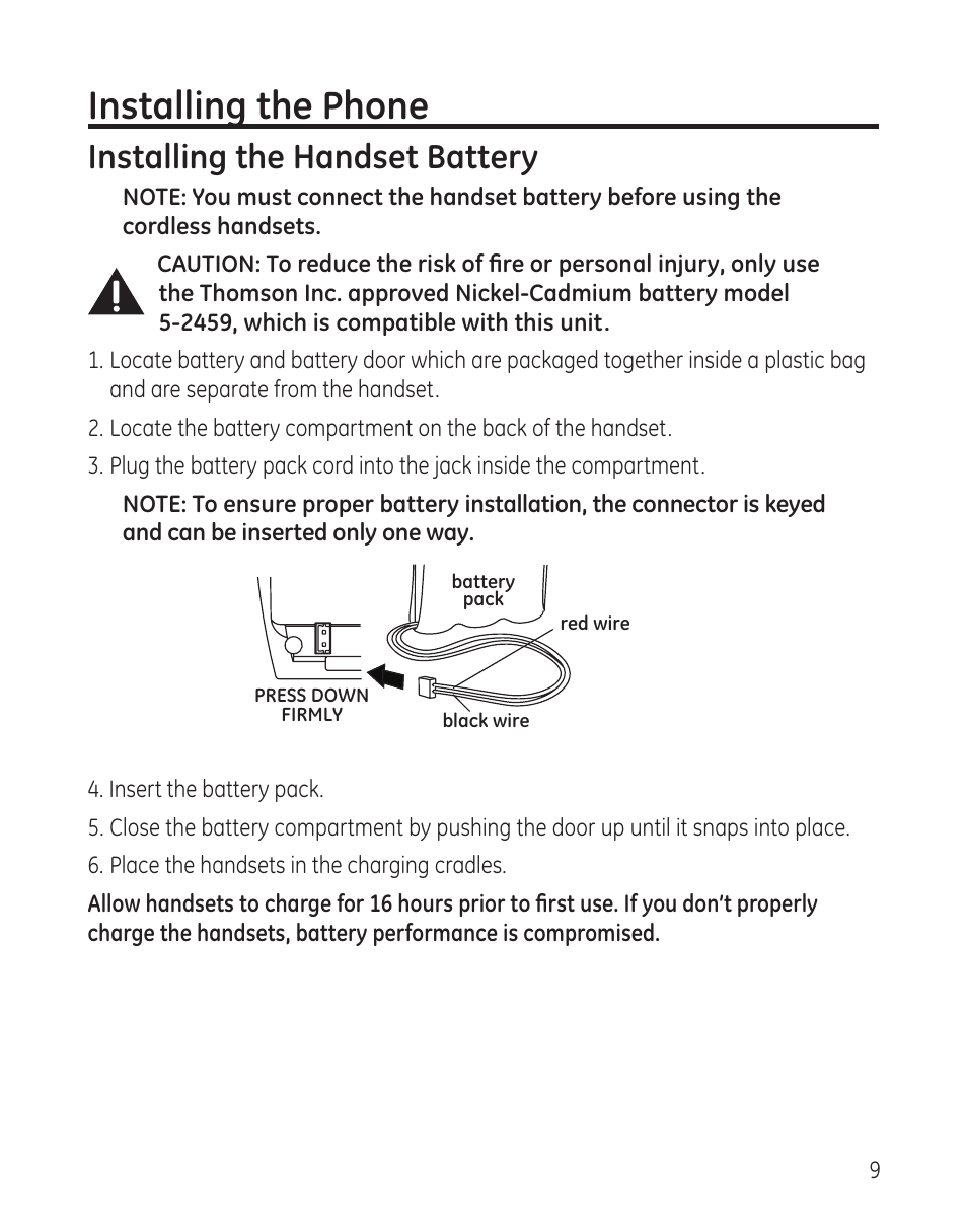 Installing the phone, Installing the handset battery | GE 27881 User Manual | Page 9 / 96