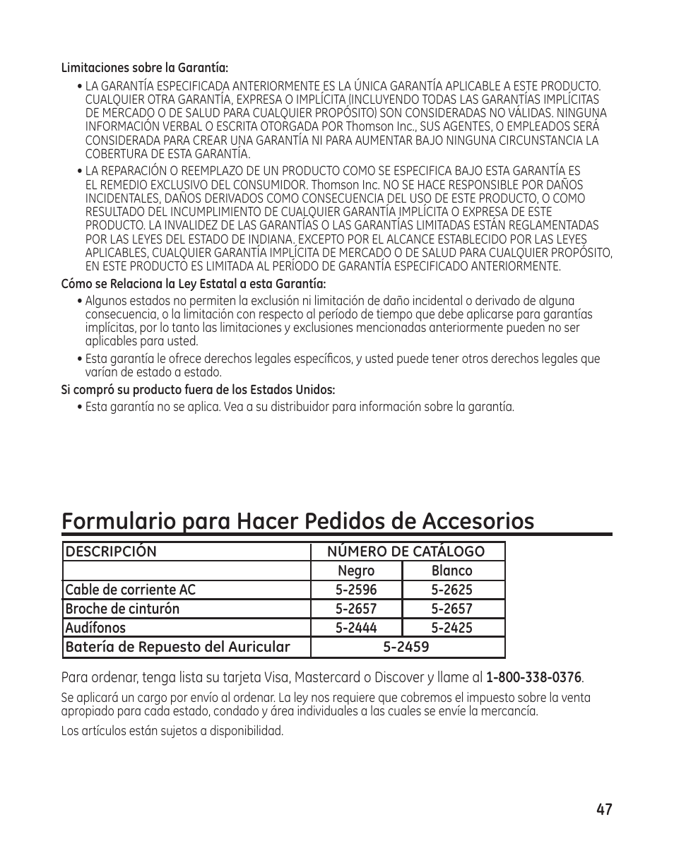 Formulario para hacer pedidos de accesorios | GE 27881 User Manual | Page 95 / 96