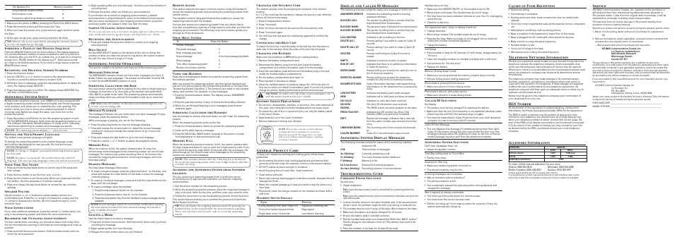 Answering system setup, Answering system operation, Display and caller id messages | Answering system display messages, Troubleshooting guide, Accessory information, Causes of poor reception, Telephone network information, Ren number, General product care | GE 26999 User Manual | Page 2 / 2