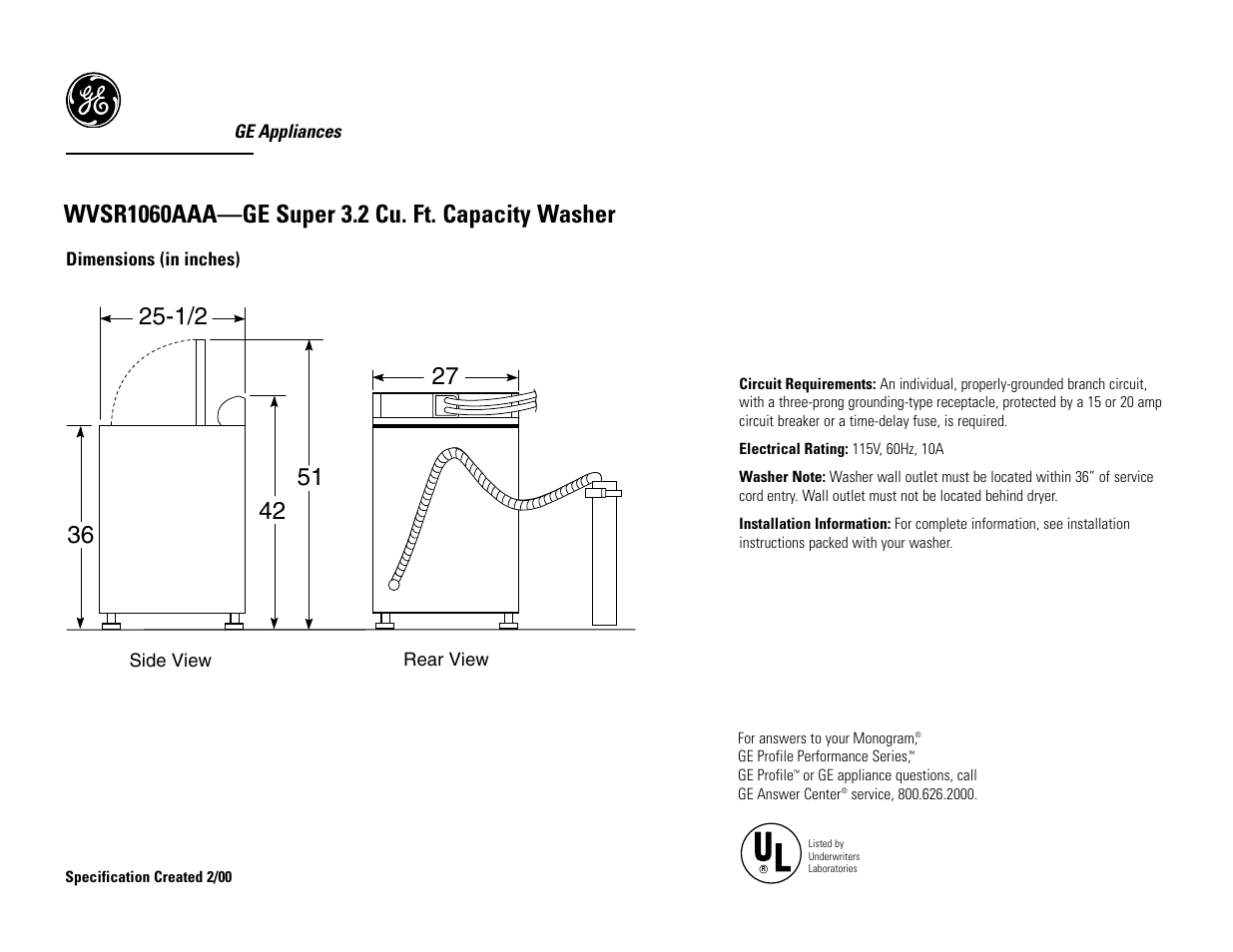 GE Profile WVSR1060AWW User Manual | 2 pages
