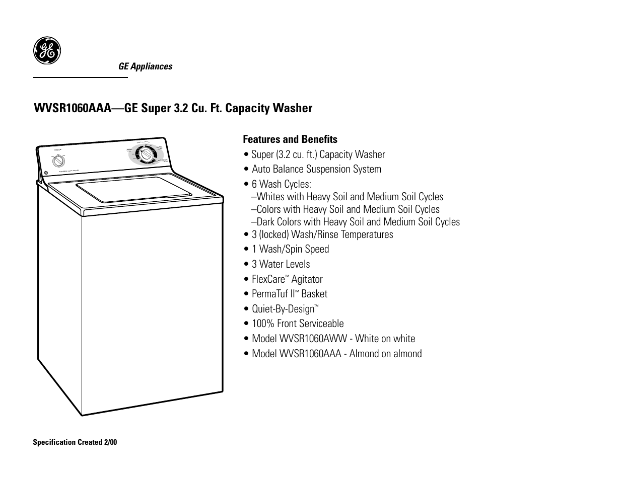 Wvsr1060aaa—ge super 3.2 cu. ft. capacity washer | GE Profile WVSR1060AWW User Manual | Page 2 / 2