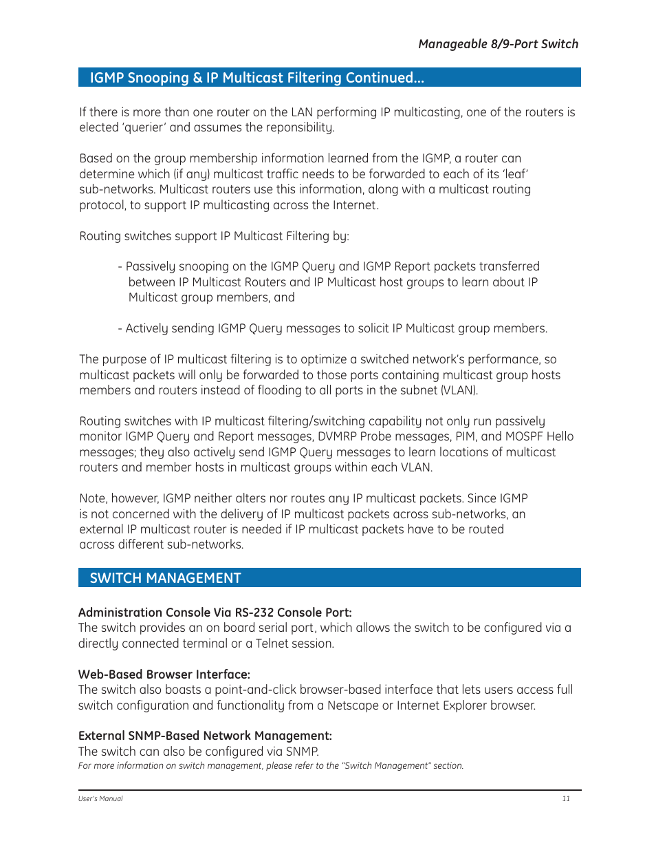 Igmp snooping & ip multicast filtering continued, Switch management | GE D-GES7600 User Manual | Page 15 / 96