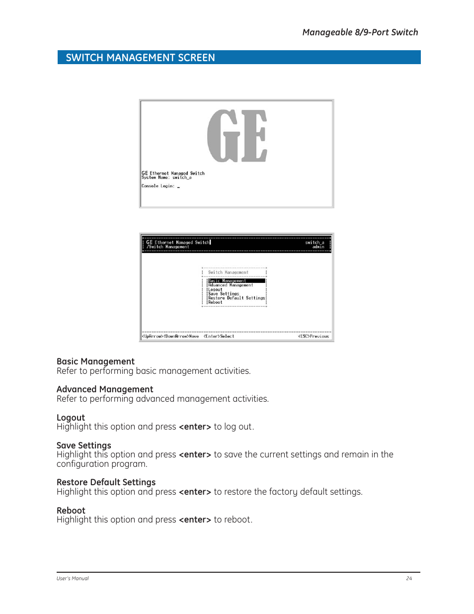 Switch management screen | GE D-GES7600 User Manual | Page 28 / 96