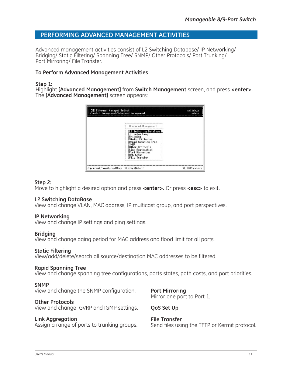 Performing advanced management activities | GE D-GES7600 User Manual | Page 37 / 96