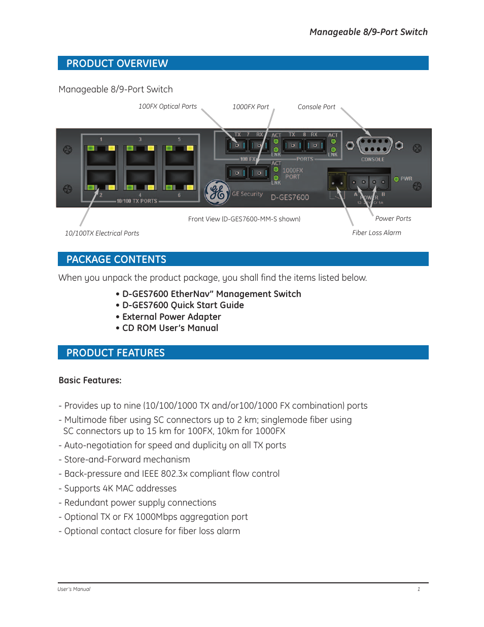 Product overview, Package contents product features | GE D-GES7600 User Manual | Page 5 / 96