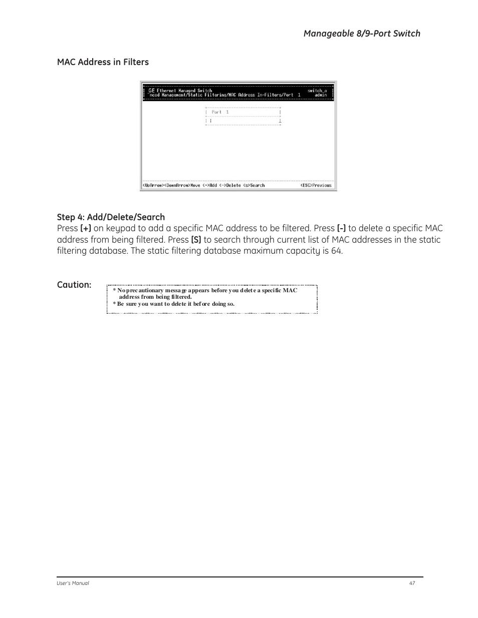 Mac address in filters | GE D-GES7600 User Manual | Page 51 / 96