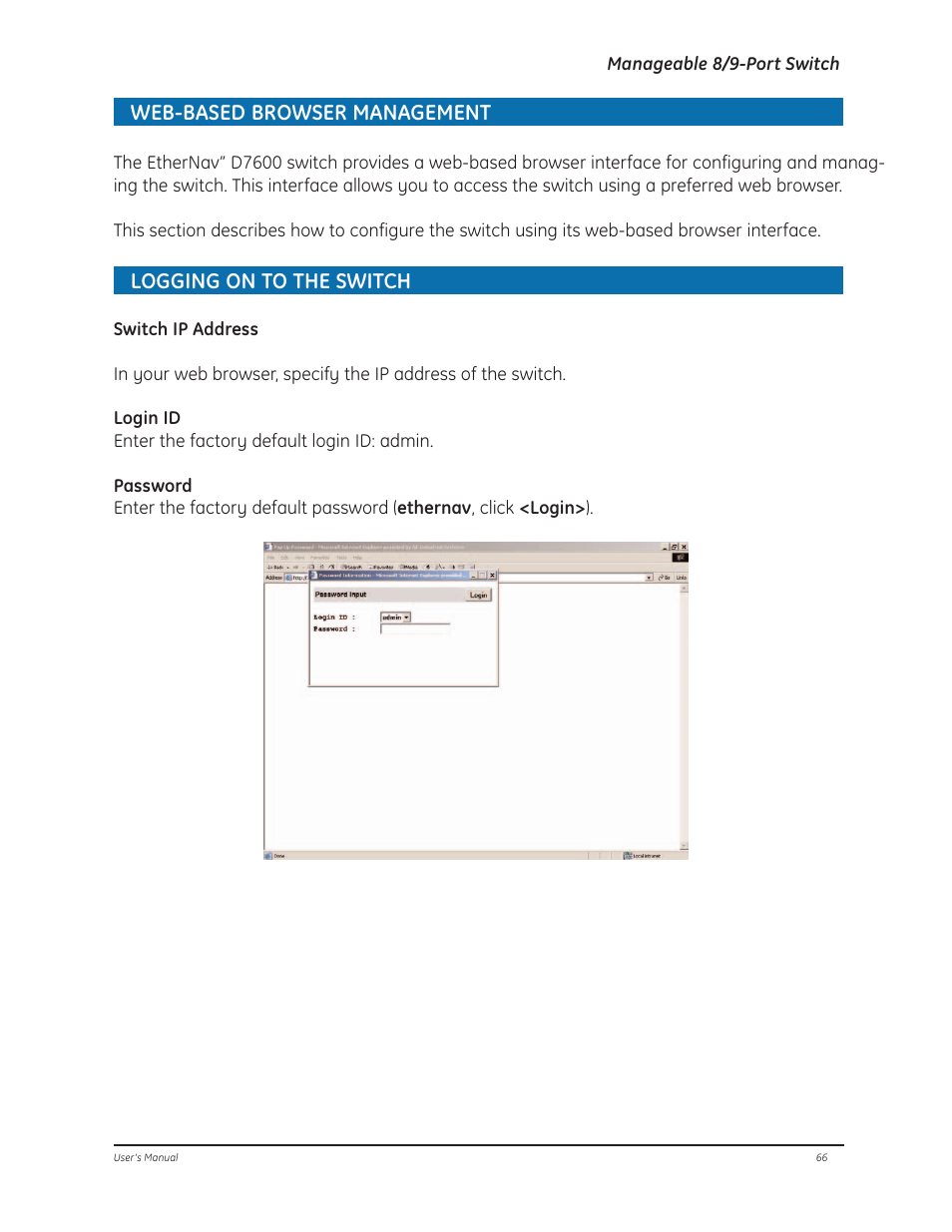 Web-based browser management, Logging on to the switch | GE D-GES7600 User Manual | Page 70 / 96