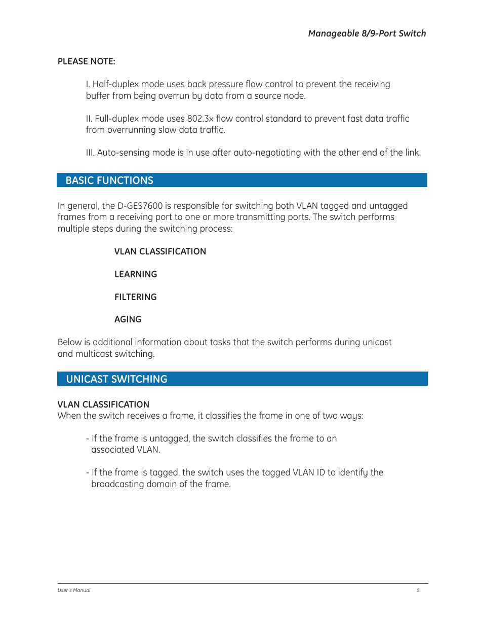 Basic functions, Unicast switching | GE D-GES7600 User Manual | Page 9 / 96