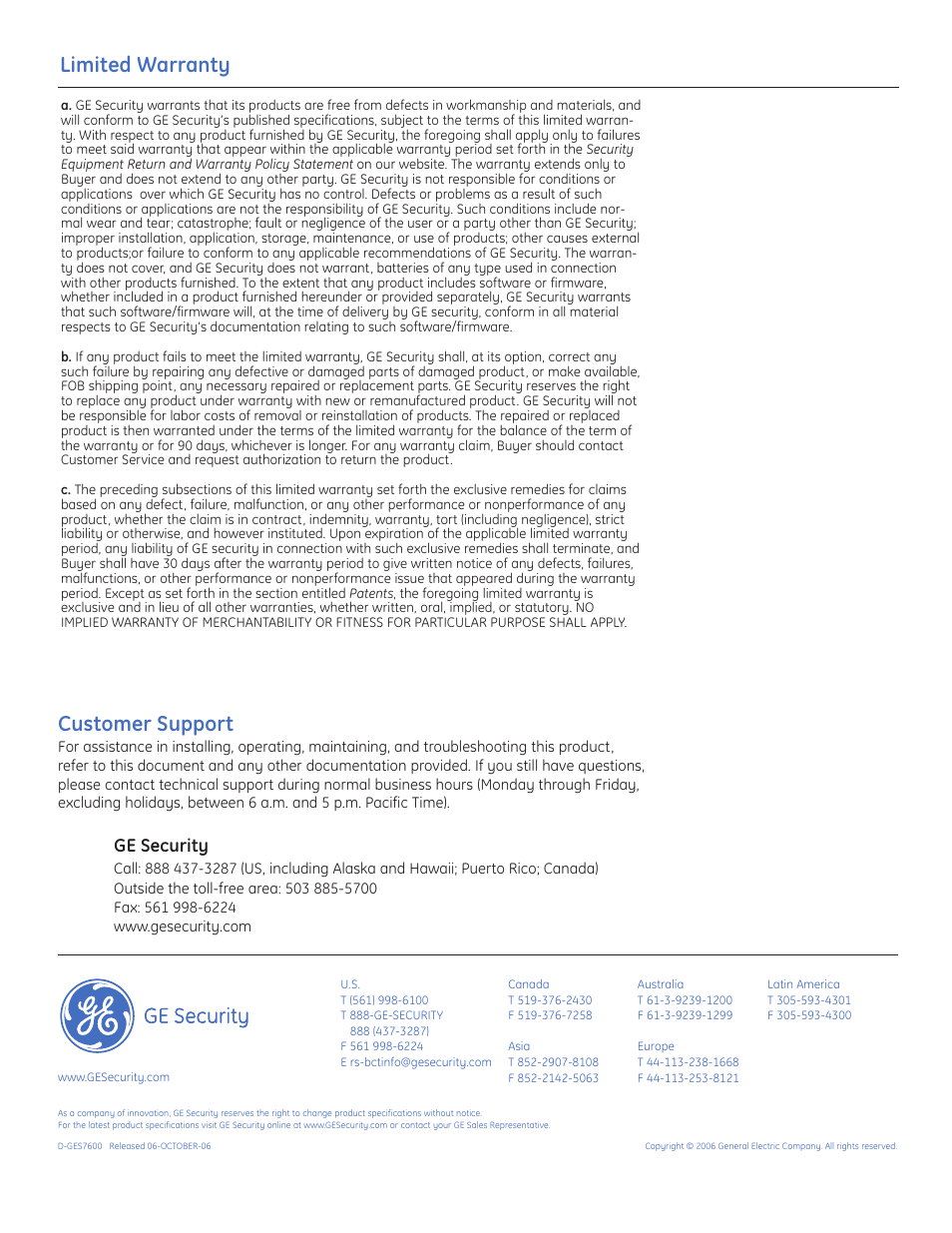 Limited warranty, Customer support, Ge security | GE D-GES7600 User Manual | Page 96 / 96