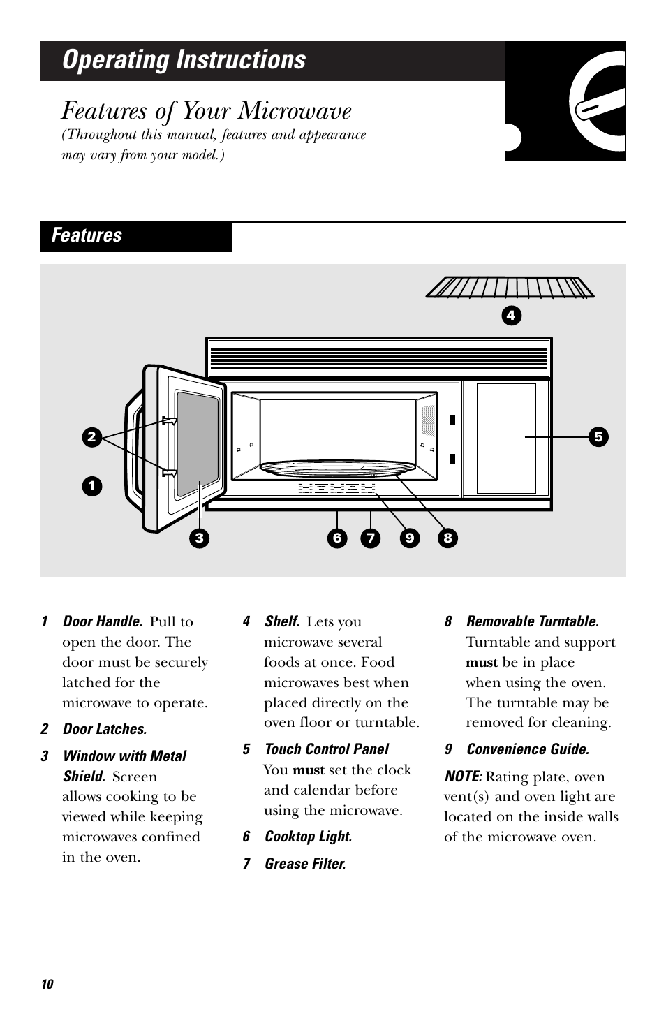 Operating instructions, Features of your microwave, Operating instructions features of your microwave | Features | GE HVM1750 User Manual | Page 10 / 48