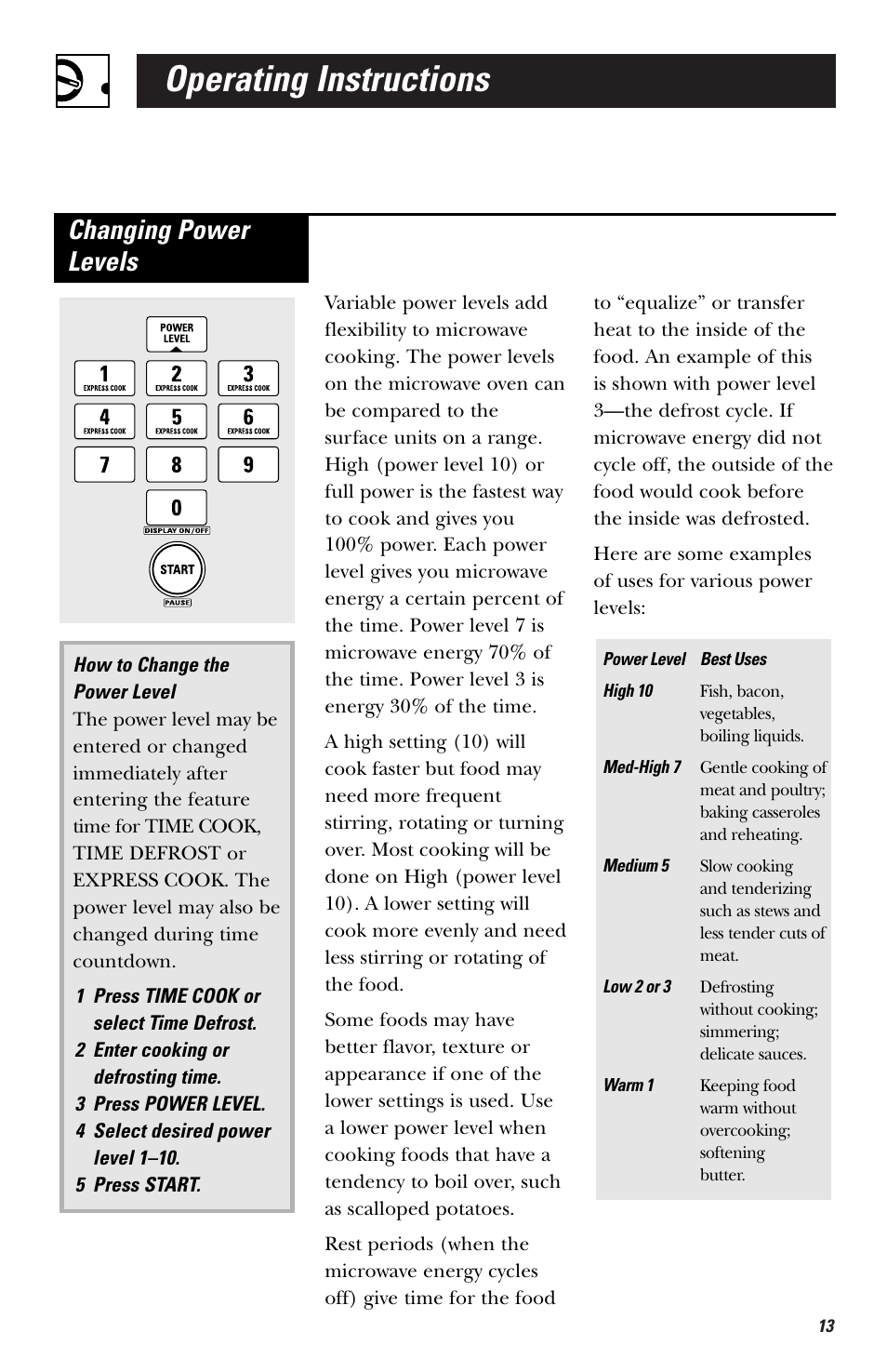 Operating instructions, Changing power levels | GE HVM1750 User Manual | Page 13 / 48