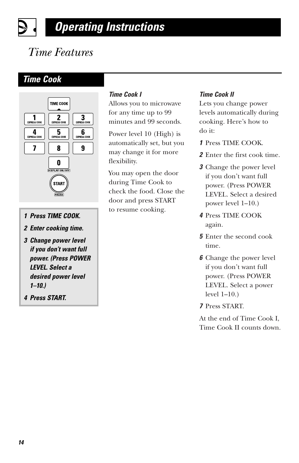 Time cooking, Operating instructions time features, Time cook | GE HVM1750 User Manual | Page 14 / 48