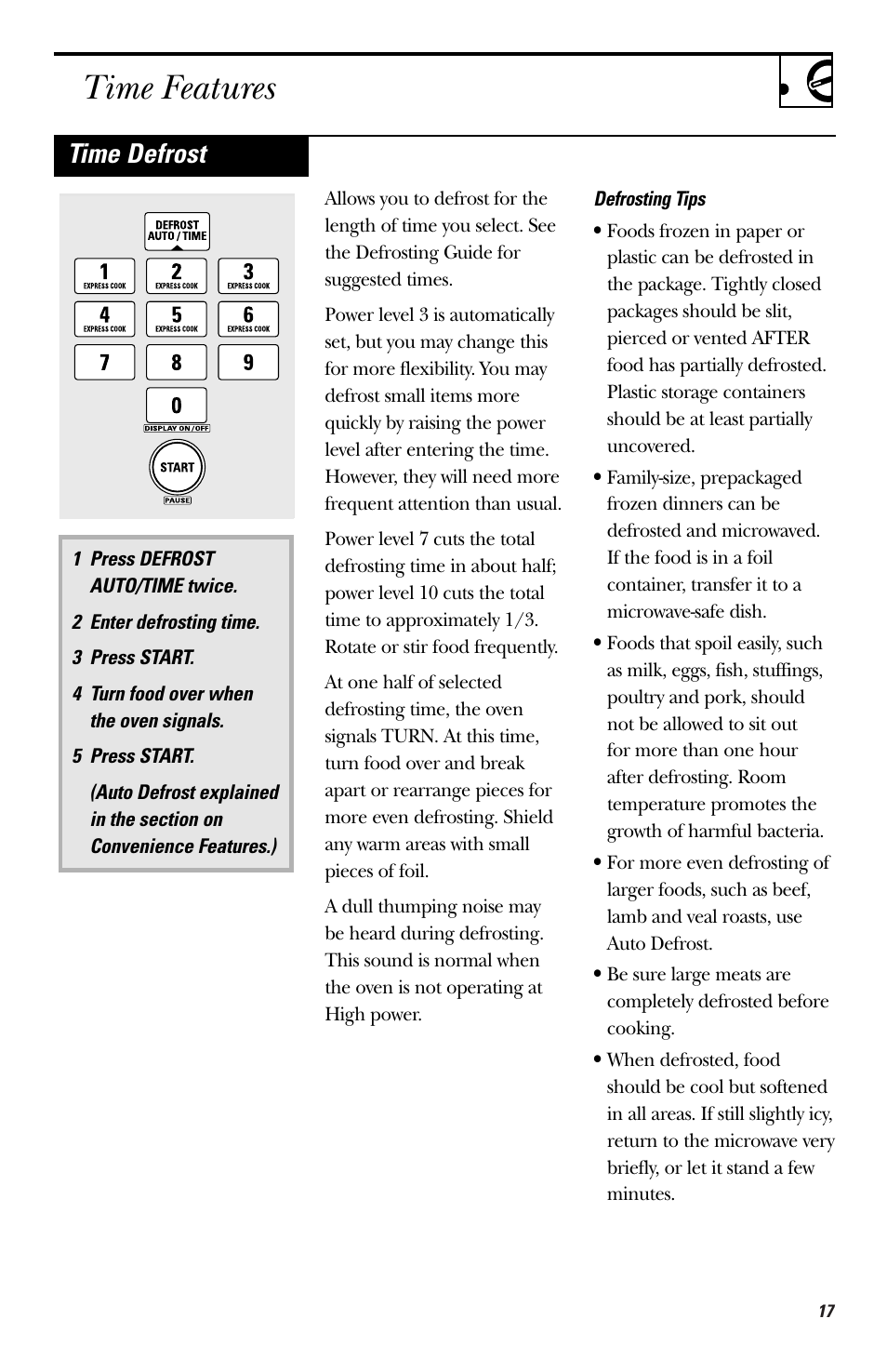 Time features, Time defrost | GE HVM1750 User Manual | Page 17 / 48