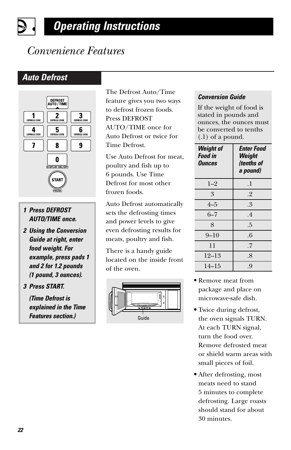 Operating instructions convenience features, Auto defrost | GE HVM1750 User Manual | Page 22 / 48