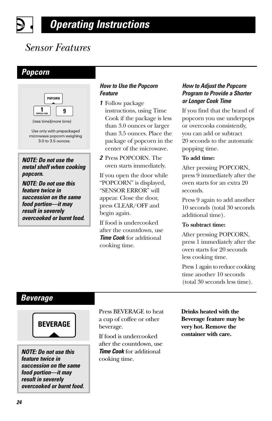 Operating instructions sensor features, Popcorn, Beverage | GE HVM1750 User Manual | Page 24 / 48