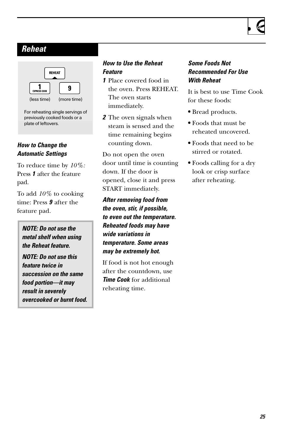 Reheat | GE HVM1750 User Manual | Page 25 / 48