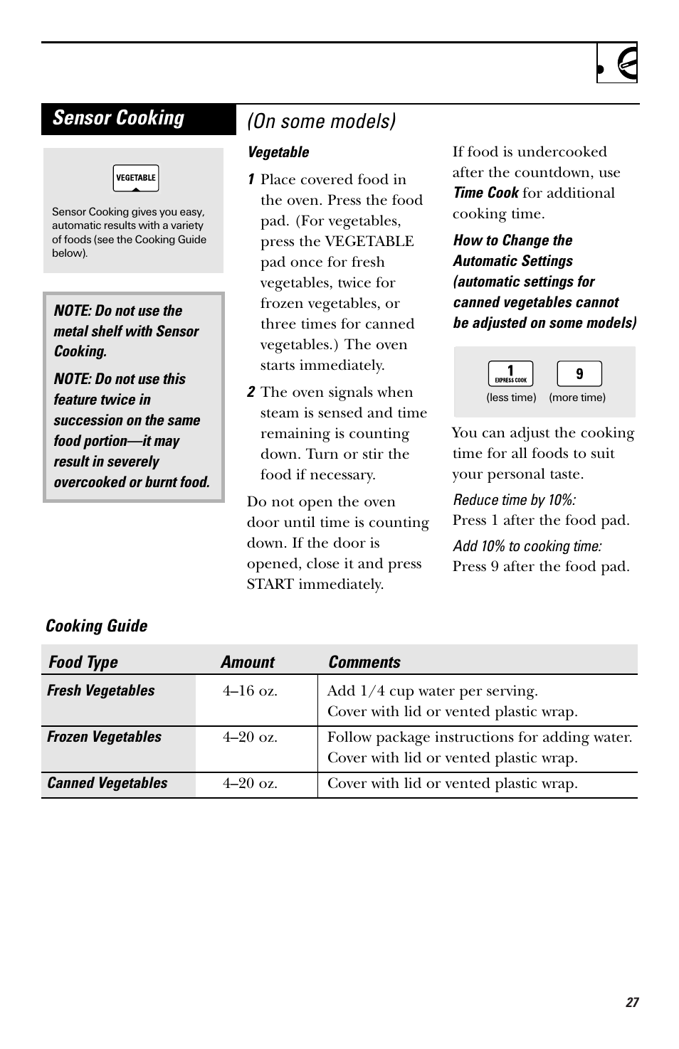 Sensor cooking (on some models) | GE HVM1750 User Manual | Page 27 / 48