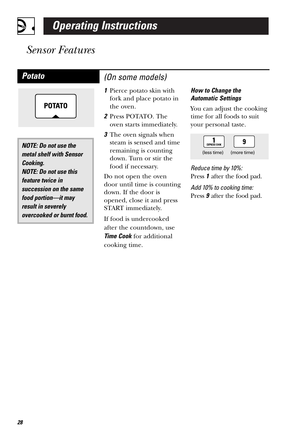 Operating instructions sensor features, Potato, On some models) | GE HVM1750 User Manual | Page 28 / 48