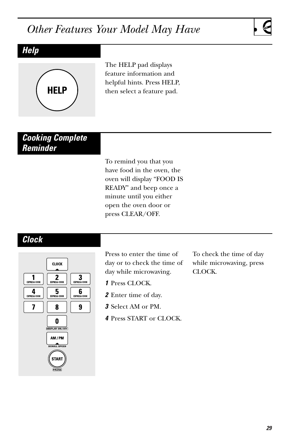 Other features, Other features your model may have, Help | Cooking complete reminder, Clock | GE HVM1750 User Manual | Page 29 / 48