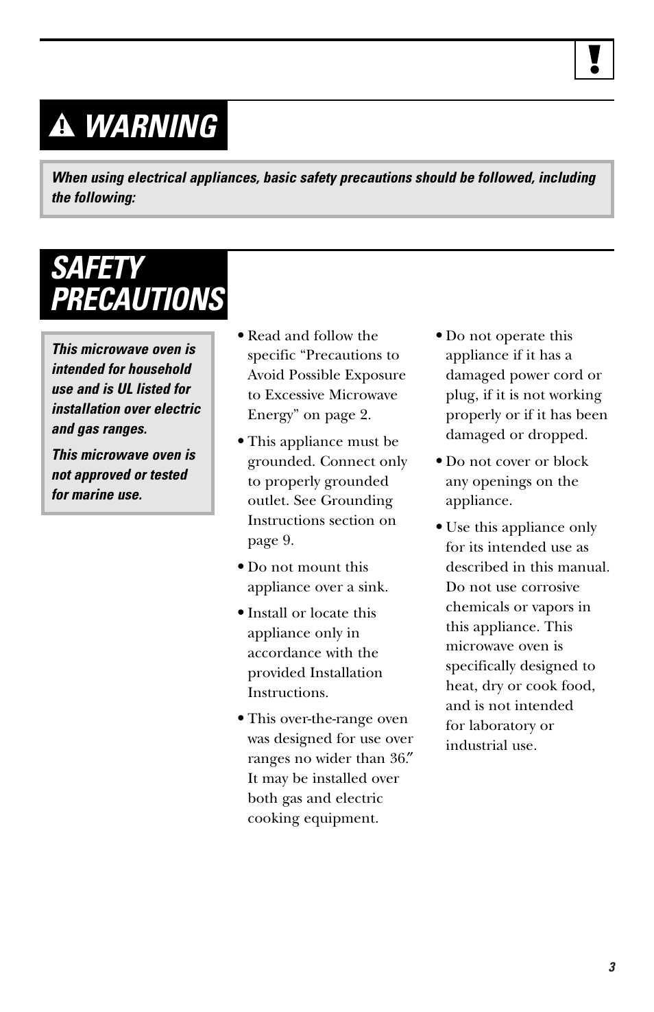 Warning, Safety precautions | GE HVM1750 User Manual | Page 3 / 48