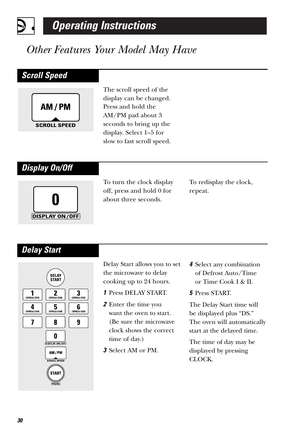 Scroll speed, Display on/off, Delay start | GE HVM1750 User Manual | Page 30 / 48