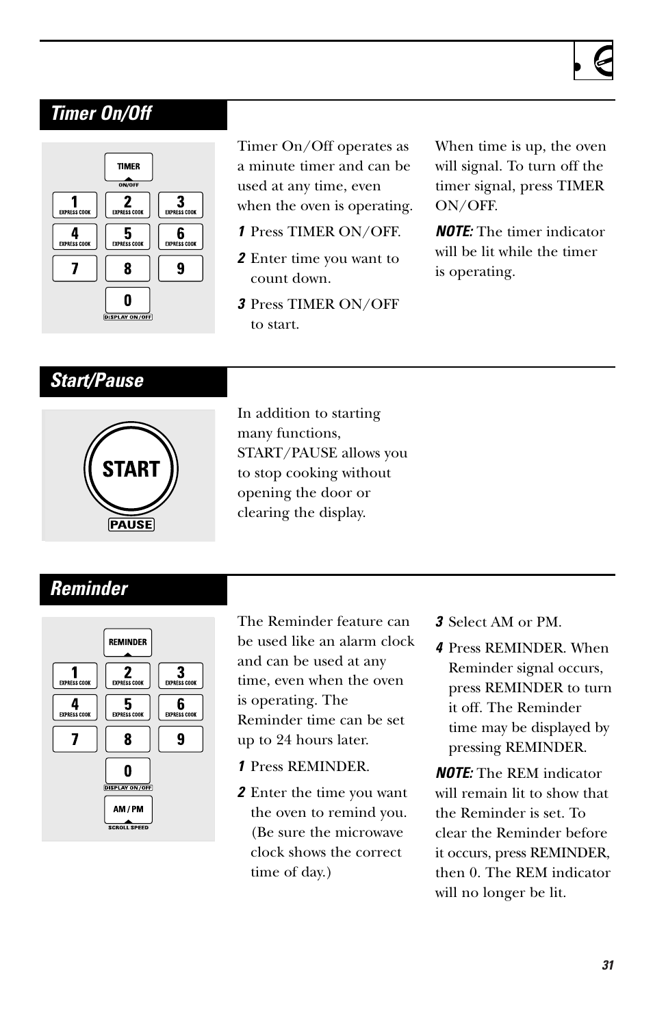 Start/pause, Reminder, Timer on/off | GE HVM1750 User Manual | Page 31 / 48