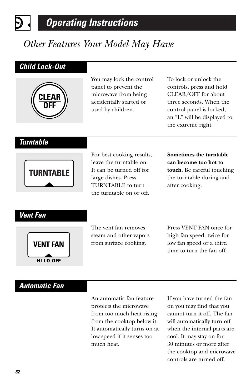 Vent fan, Child lock-out, Automatic fan | Turntable | GE HVM1750 User Manual | Page 32 / 48