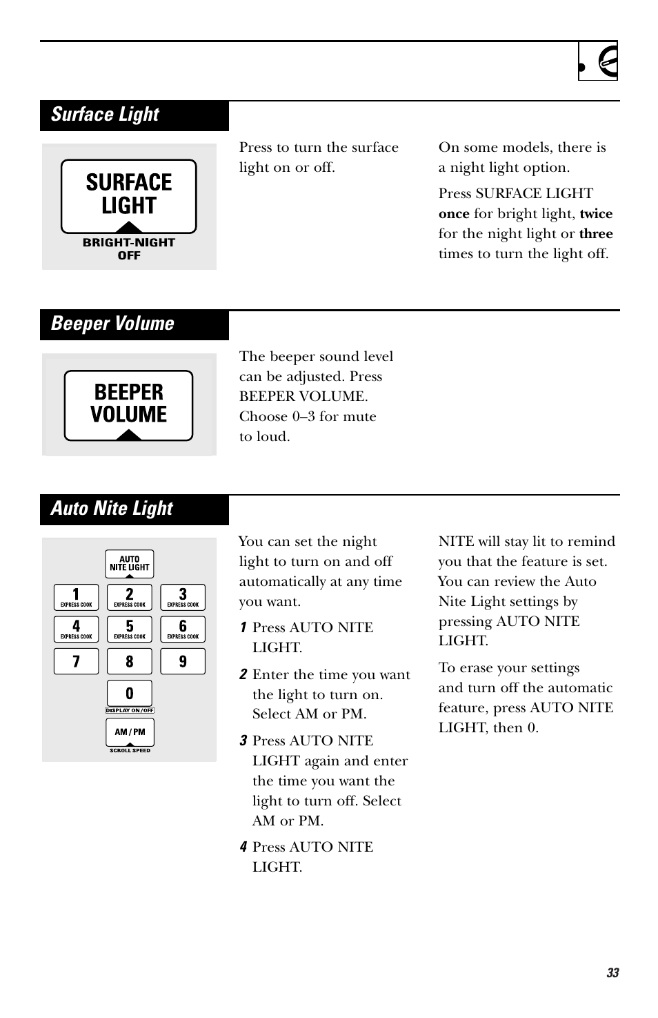 Surface light, Beeper volume, Auto nite light | GE HVM1750 User Manual | Page 33 / 48