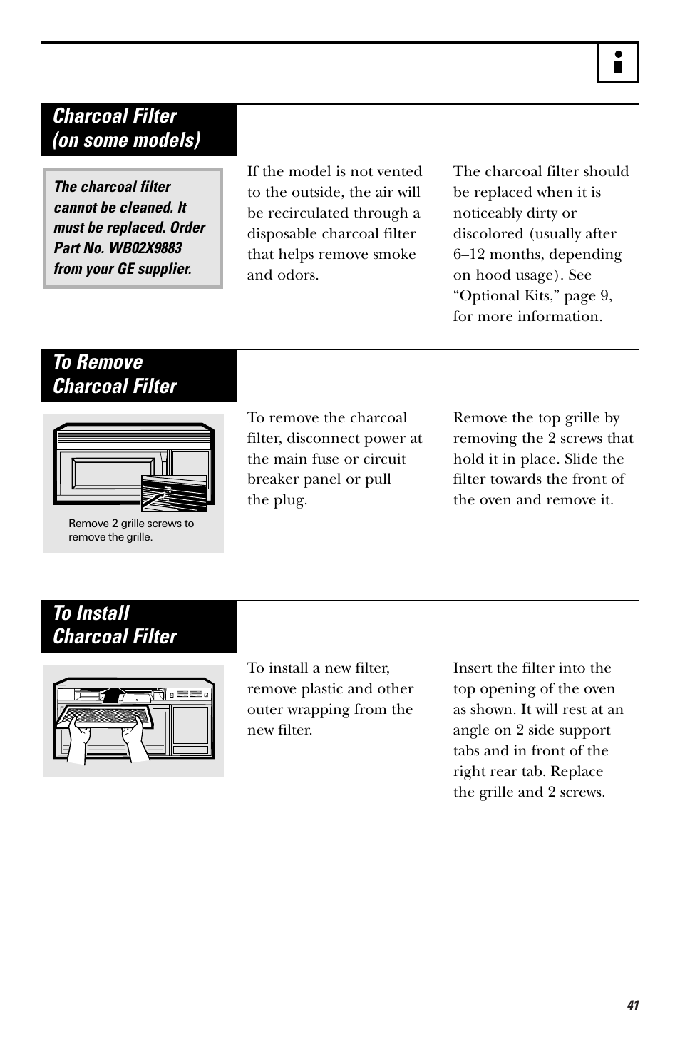 Charcoal filter (on some models) | GE HVM1750 User Manual | Page 41 / 48