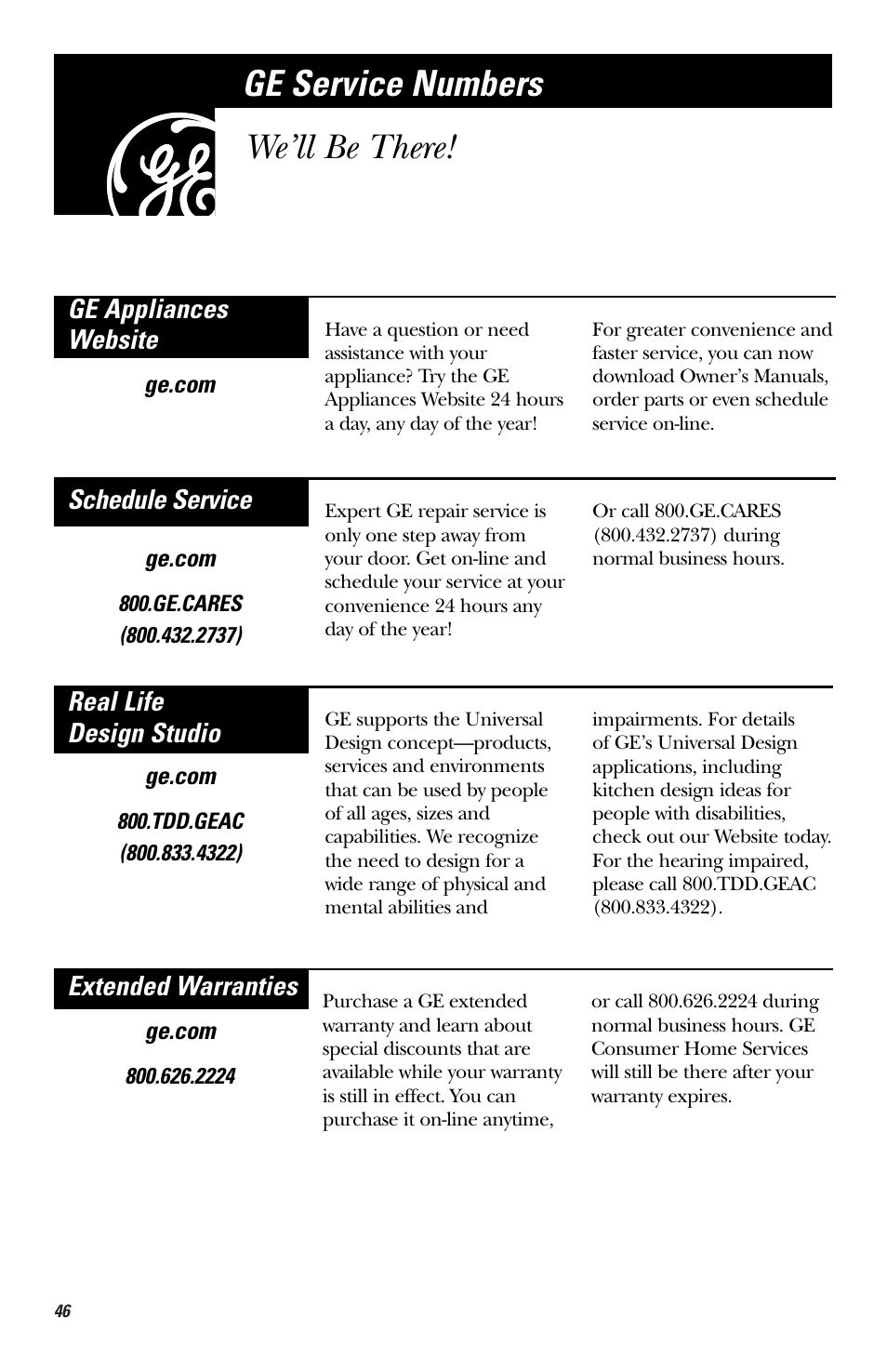 Ge service numbers, Ge service numbers we’ll be there | GE HVM1750 User Manual | Page 46 / 48