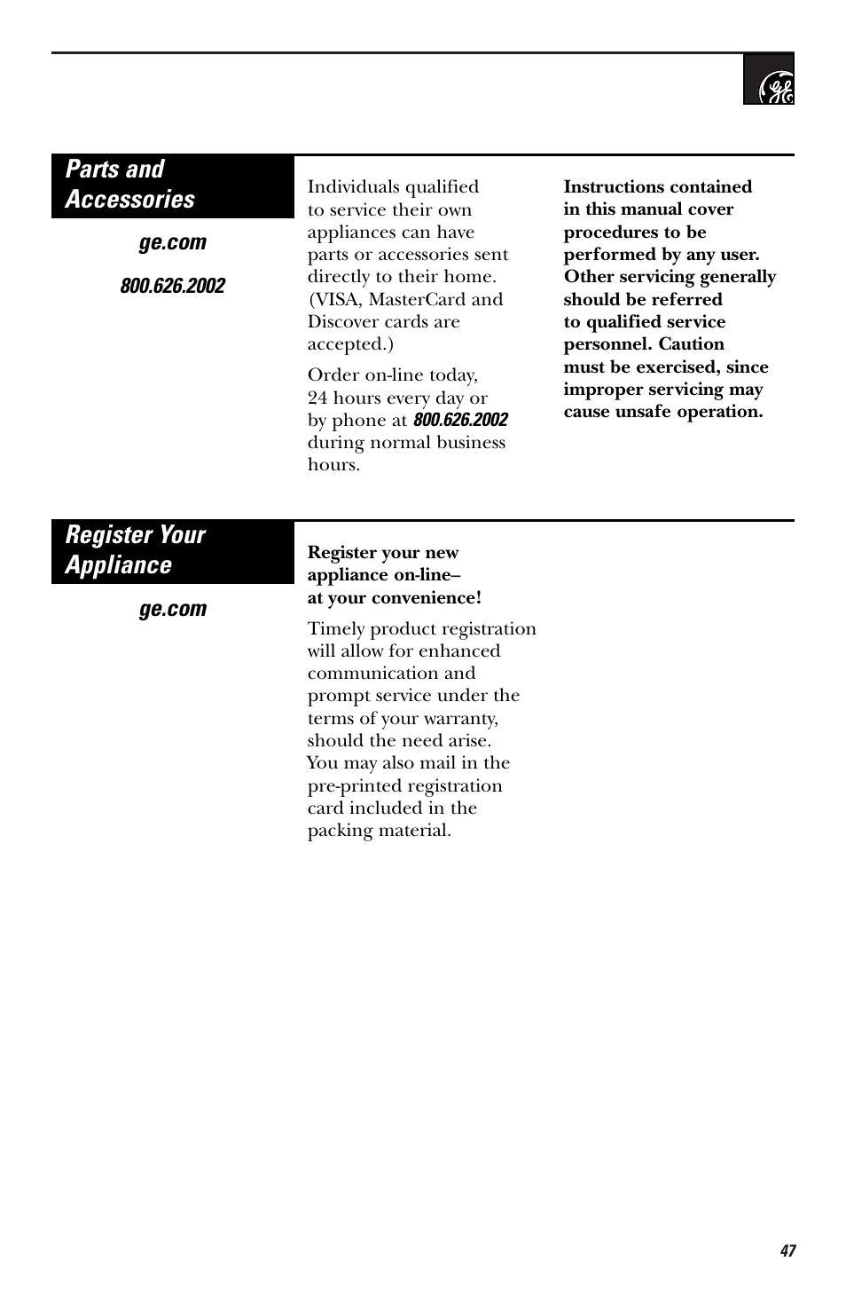 Parts and accessories register your appliance | GE HVM1750 User Manual | Page 47 / 48