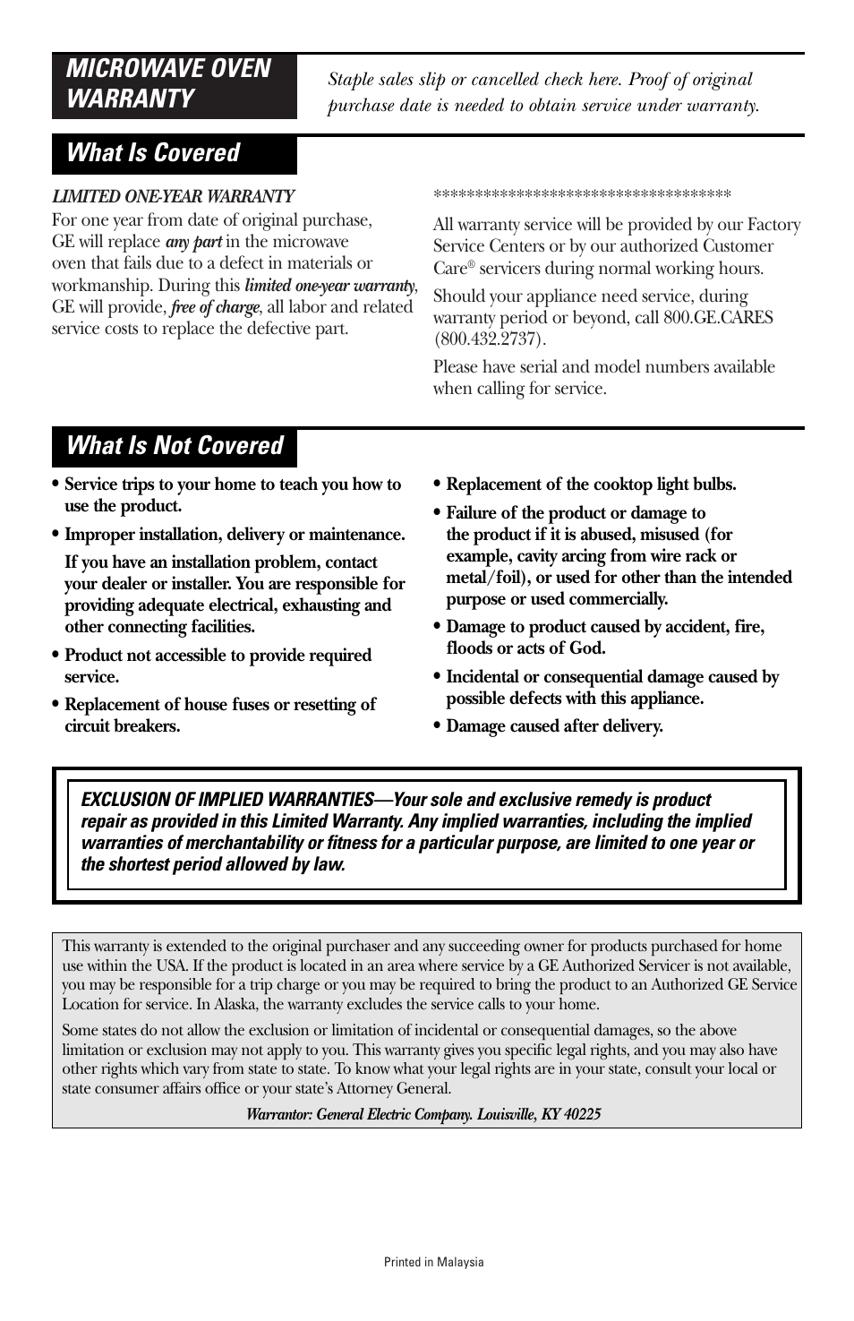 Warranty, Warranty back, Cover | GE HVM1750 User Manual | Page 48 / 48