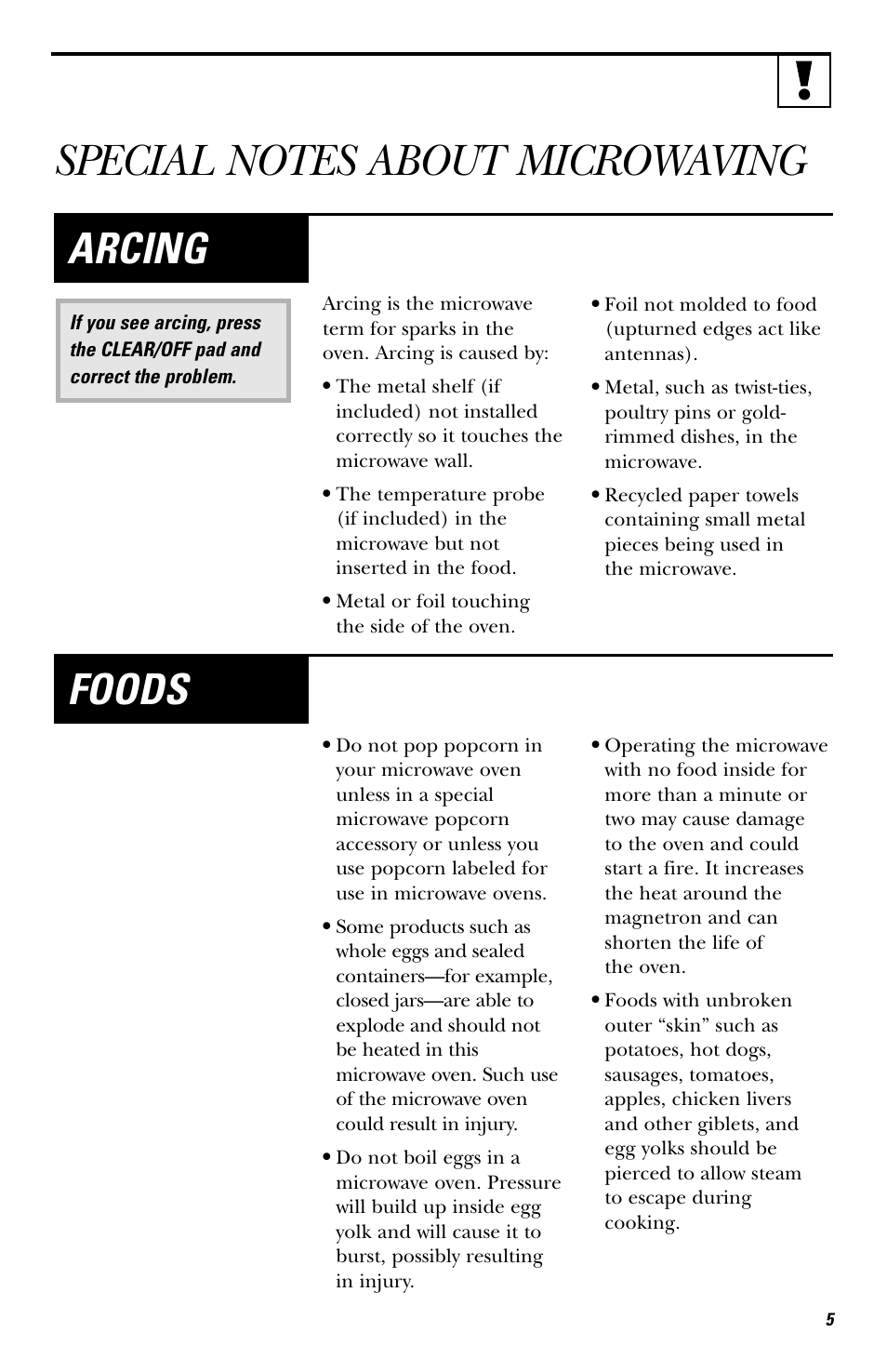 Special notes about microwaving, Arcing, Foods | GE HVM1750 User Manual | Page 5 / 48