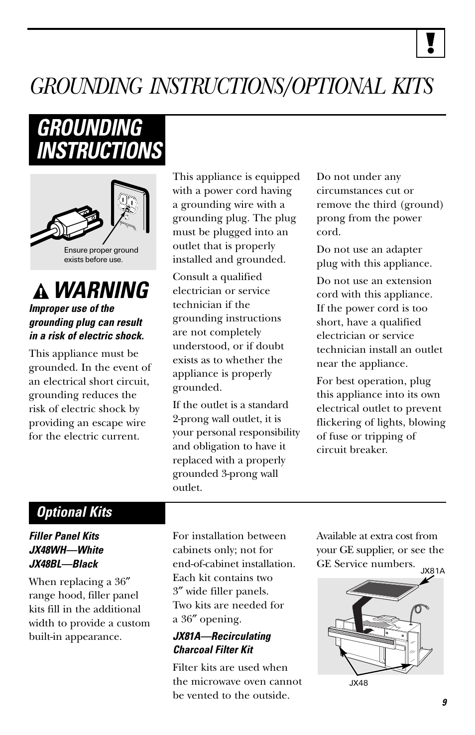 Grounding instructions/optional kits, Warning, Grounding instructions | Optional kits | GE HVM1750 User Manual | Page 9 / 48