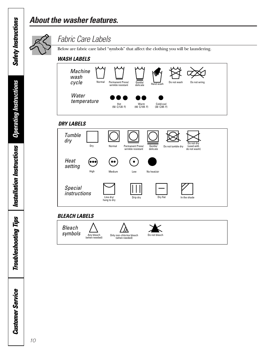 About the washer features. fabric care labels, Machine wash cycle, Water temperature | Tumble dry, Heat setting, Special instructions, Bleach symbols, Wash labels dry labels bleach labels | GE WCXH208 User Manual | Page 10 / 22