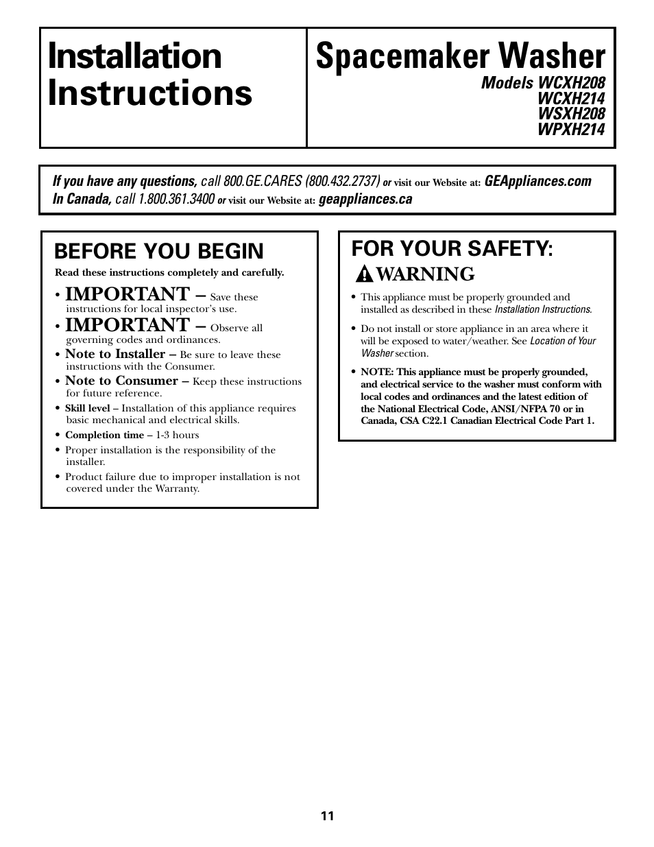 Installation spacemaker washer instructions, Before you begin, For your safety | Important, Warning | GE WCXH208 User Manual | Page 11 / 22