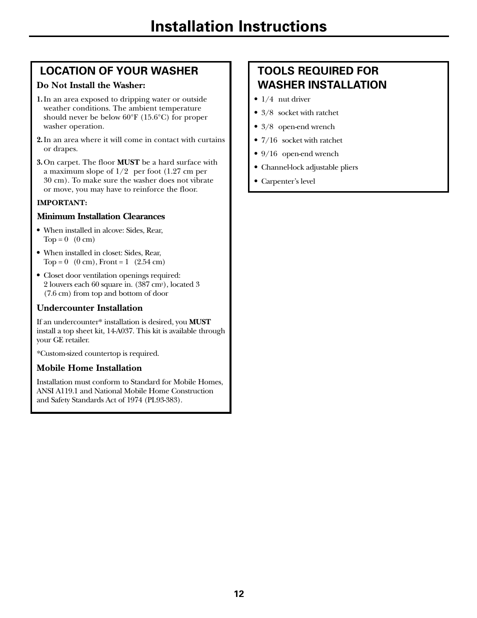 Installation instructions, Location of your washer, Tools required for washer installation | GE WCXH208 User Manual | Page 12 / 22
