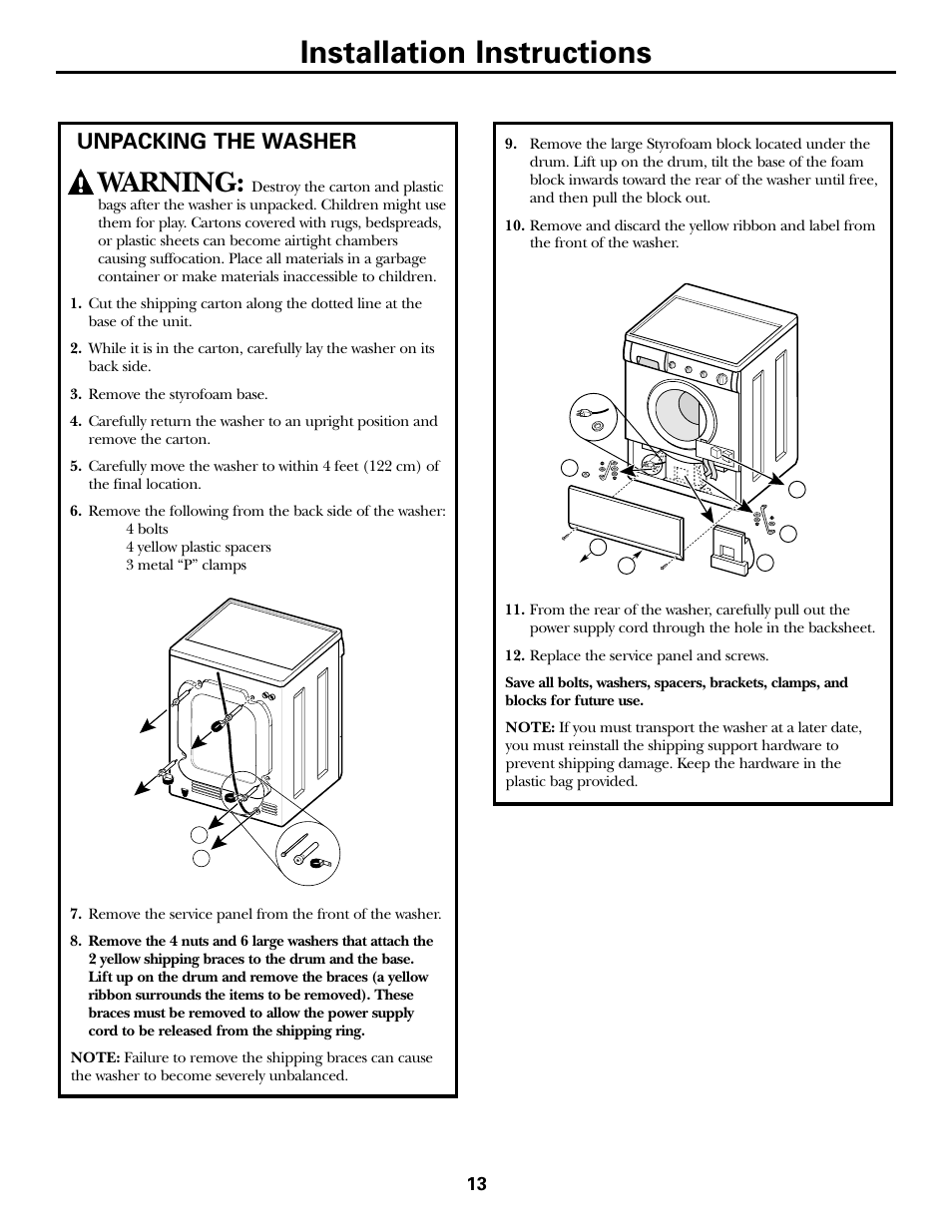 Installation instructions, Warning, Unpacking the washer | GE WCXH208 User Manual | Page 13 / 22