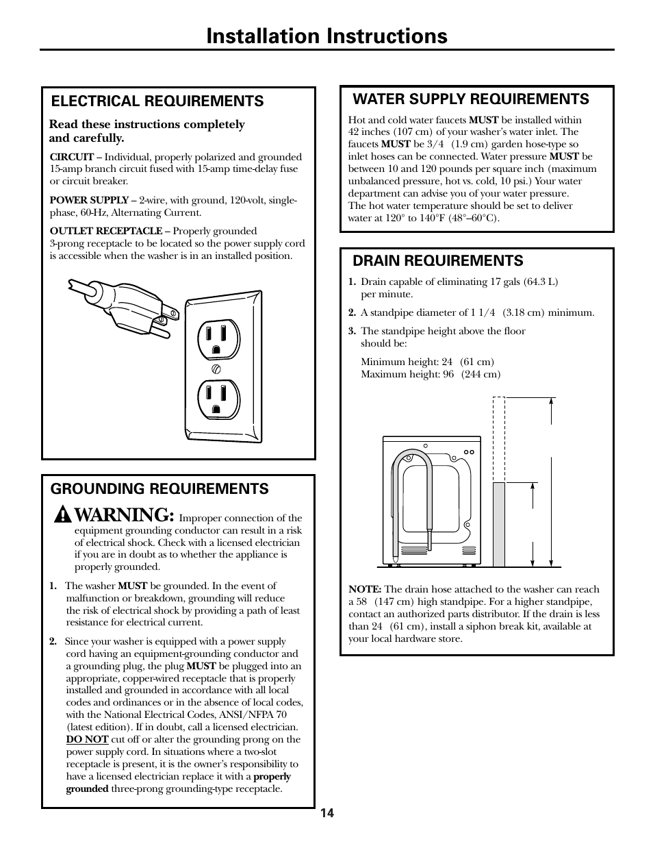 Installation instructions, Warning, Electrical requirements | Grounding requirements water supply requirements, Drain requirements | GE WCXH208 User Manual | Page 14 / 22