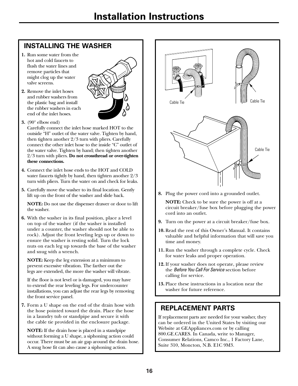 Installation instructions, Installing the washer, Replacement parts | GE WCXH208 User Manual | Page 16 / 22