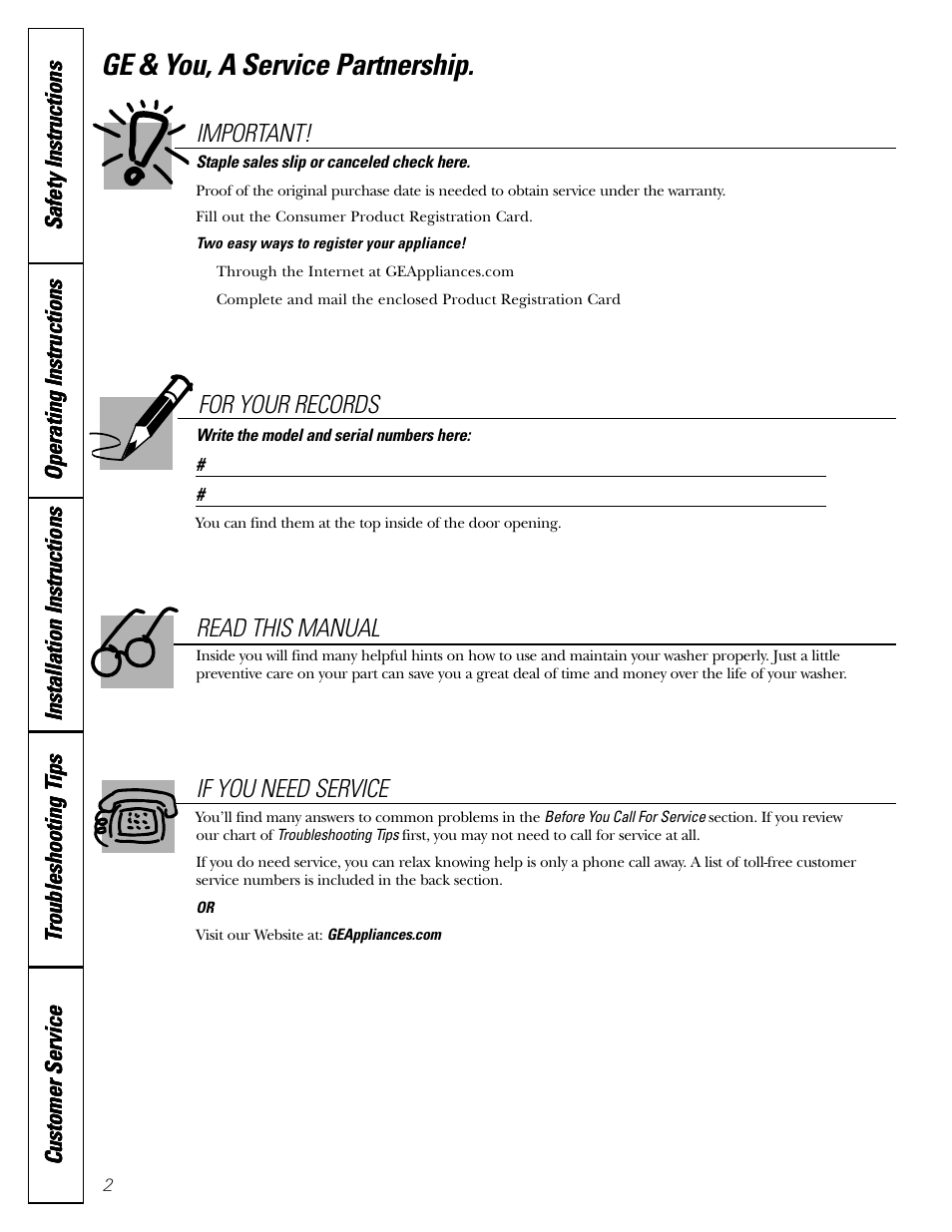 Ge & you, a service partnership, For your records, Read this manual if you need service | Important | GE WCXH208 User Manual | Page 2 / 22