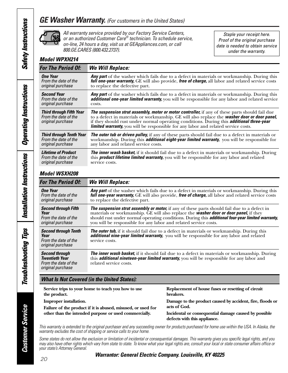 Ge washer warranty | GE WCXH208 User Manual | Page 20 / 22
