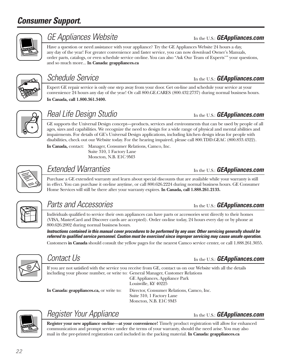 Consumer support. ge appliances website, Schedule service, Real life design studio | Extended warranties, Parts and accessories, Contact us, Register your appliance | GE WCXH208 User Manual | Page 22 / 22