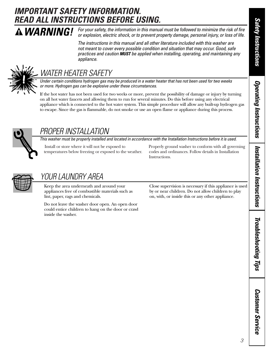 Warning, Water heater safety, Proper installation | Your laundry area | GE WCXH208 User Manual | Page 3 / 22