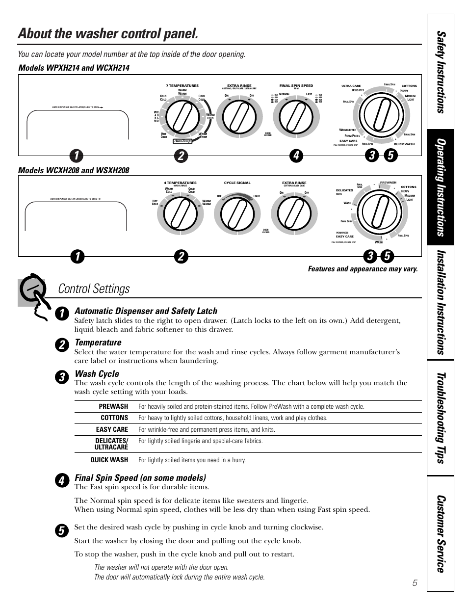 About the washer control panel, Control settings, Automatic dispenser and safety latch | Temperature, Wash cycle, Final spin speed (on some models) | GE WCXH208 User Manual | Page 5 / 22