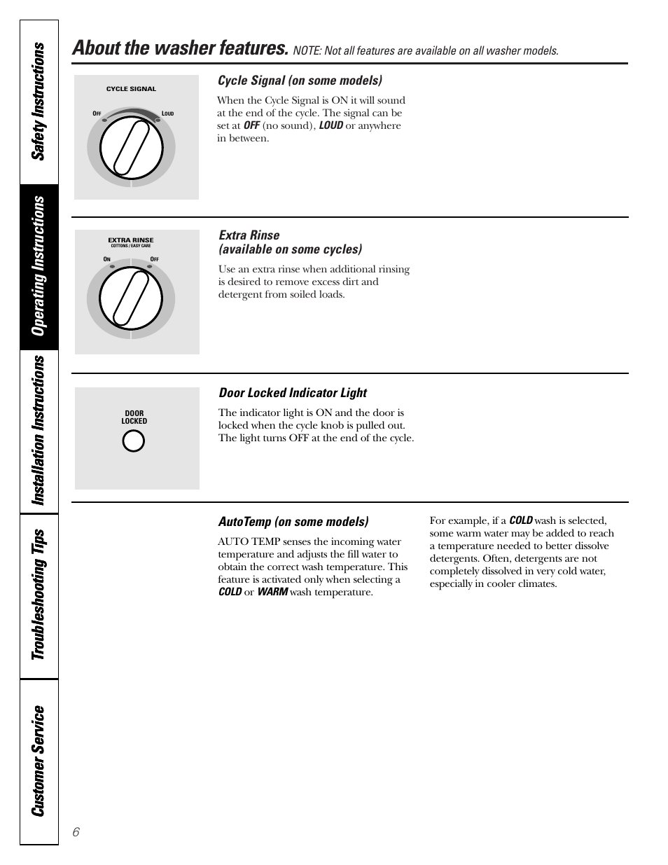 About the washer features | GE WCXH208 User Manual | Page 6 / 22
