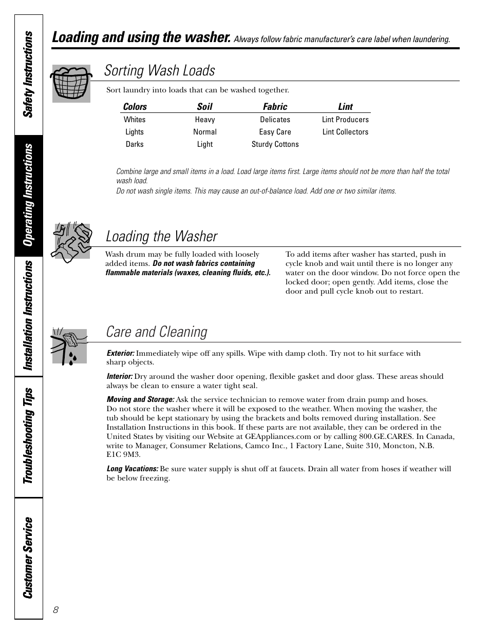 Care and cleaning loading and using the washer, Sorting wash loads loading the washer | GE WCXH208 User Manual | Page 8 / 22