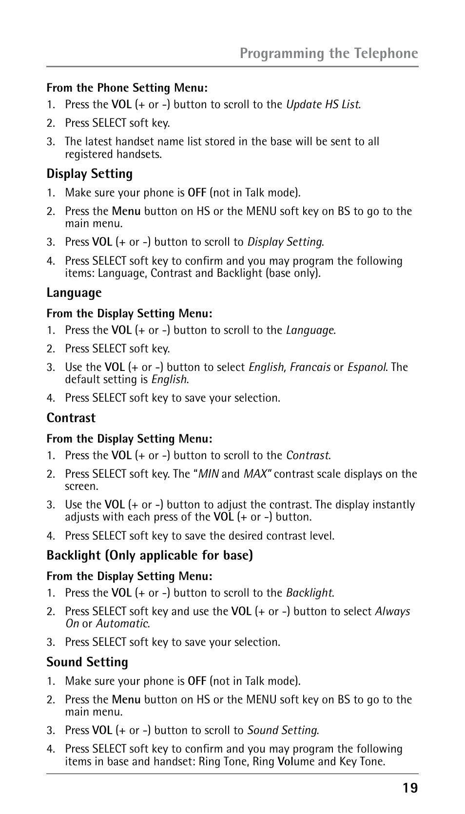 Programming the telephone | GE 25210 User Manual | Page 19 / 92